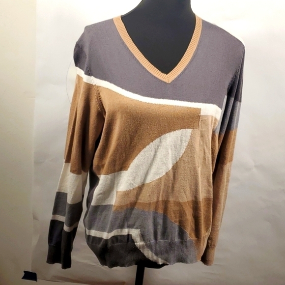 Liz Claiborne Color block Brown & Gray V neckline Soft Sweater Size Larg… - Picture 6 of 16